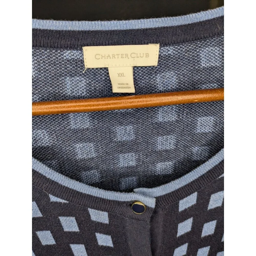 Charter Club Navy & Light Blue Checkered Button-Front Cardigan XXL Cotton Blend - Picture 9 of 13